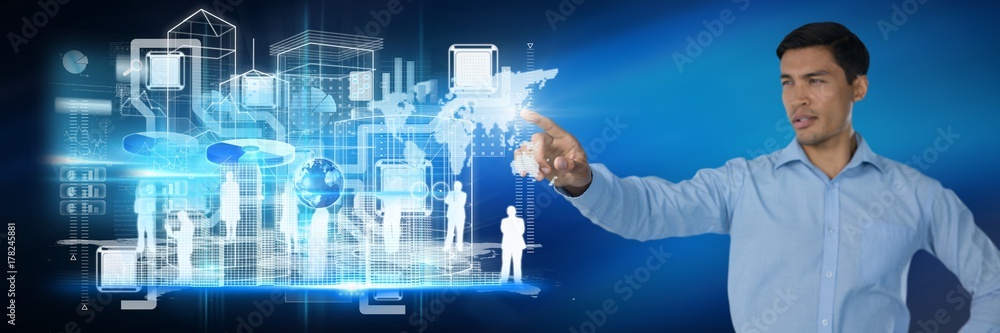 Poster networking interface and businessman pointing touching air in