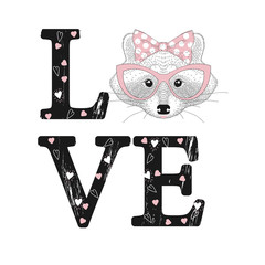 Fashion print with raccoon face. Love word with hearts. © ipanki