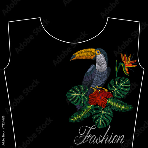 embroidery toucan with tropical flowers fashion word vector