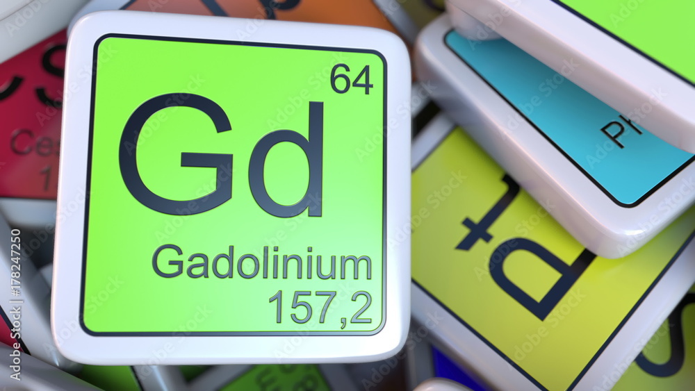 Poster gadolinium gd block on the pile of periodic table of the chemical elements blocks. 3d rendering