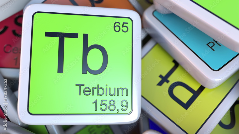 Poster terbium tb block on the pile of periodic table of the chemical elements blocks. 3d rendering