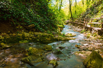 Long exposure photo of the creek and wooden path in the park Berendeyevo Tsarstvo in sunny summer...