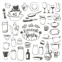 Vector Set of Doodle Contours of Various Dishes, Glasses, Pots and other Kitchen Utensils