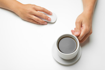 women's hands, coffee and mouse