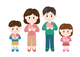 ハートのプレゼントを持つ家族のイラスト