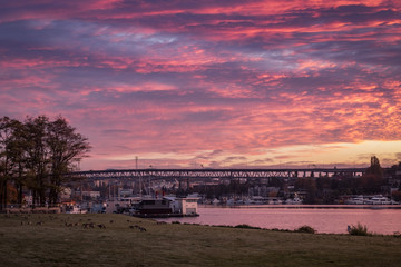 Dawn breaks over Seattle and Lake Union