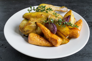 Roasted chicken with carrots and thyme.