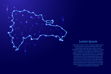 Map Dominican Republic from the contours network blue, luminous space stars for banner, poster, greeting card, of vector illustration