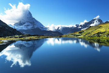 Reflection of Matterhorn in lake, Zermatt, Switzerland