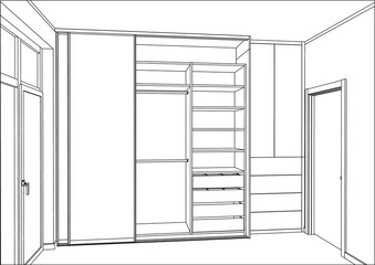 3D vector sketch. Empty wardrobe with sliding doors in the interior. Wardrobe sketch. Project management. Lines, projection, construction, appliances, decorations.
