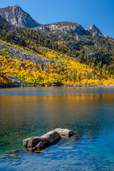 Rock in lake will autumn foliage