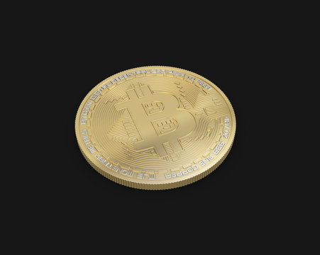 Bitcoin. Physical bit coin. Cryptocurrency. Golden coin with bitcoin symbol isolated on black background. 3d illustration.