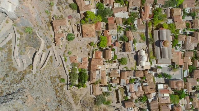 Aerial view of medieval ancient Greek town Monemvasia situated on island near the east coast of the Peloponnese