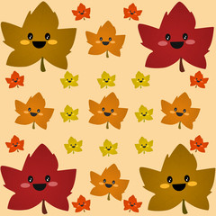 Happy leafy Autumn mess. Pattern illustration of a Autumn kawaii mess of little cute leaves falling from trees with happy faces. All this joy is needed for the celebration of Autumn’s arrival.