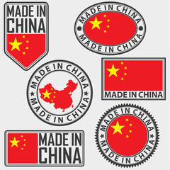 Made in China label set with flag, vector illustration