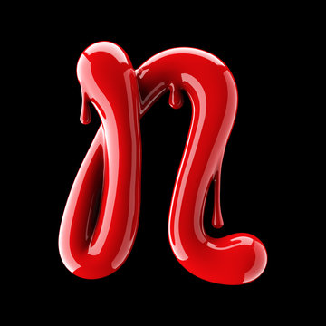 Leaky red alphabet on black background. Handwritten cursive letter N.