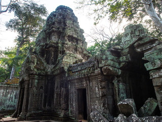 The old scary collapsed castle inside the ancient forest. The place is the most famous landmark of Cambodia, Angor Thom inside Angor Wat area, one of the world’s 7 wonders and heritage