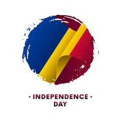 Banner or poster of Romania Independence Day celebration. Waving flag of Romania, brush stroke background. Vector illustration.