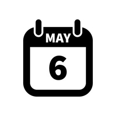 Simple black calendar icon with 6 may date isolated on white