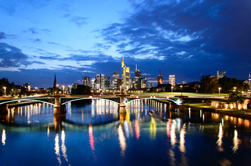 Naklejka premium Panorama of financial district in Frankfurt am Main by night.