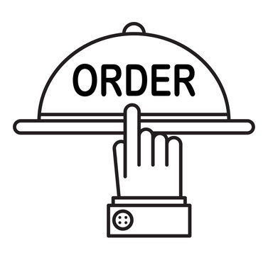 hand and large dish, ordering food, order button, vector image, flat design, black and white sticker