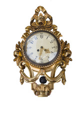 Old antique gold-plated wall clock isolated with no background