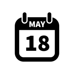 Simple black calendar icon with 18 may date isolated on white