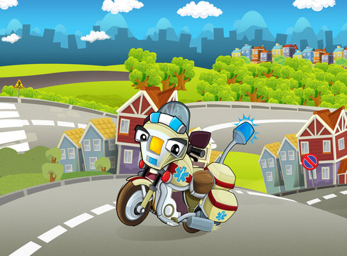 cartoon scene with ambulance motorcycle - illustration for children