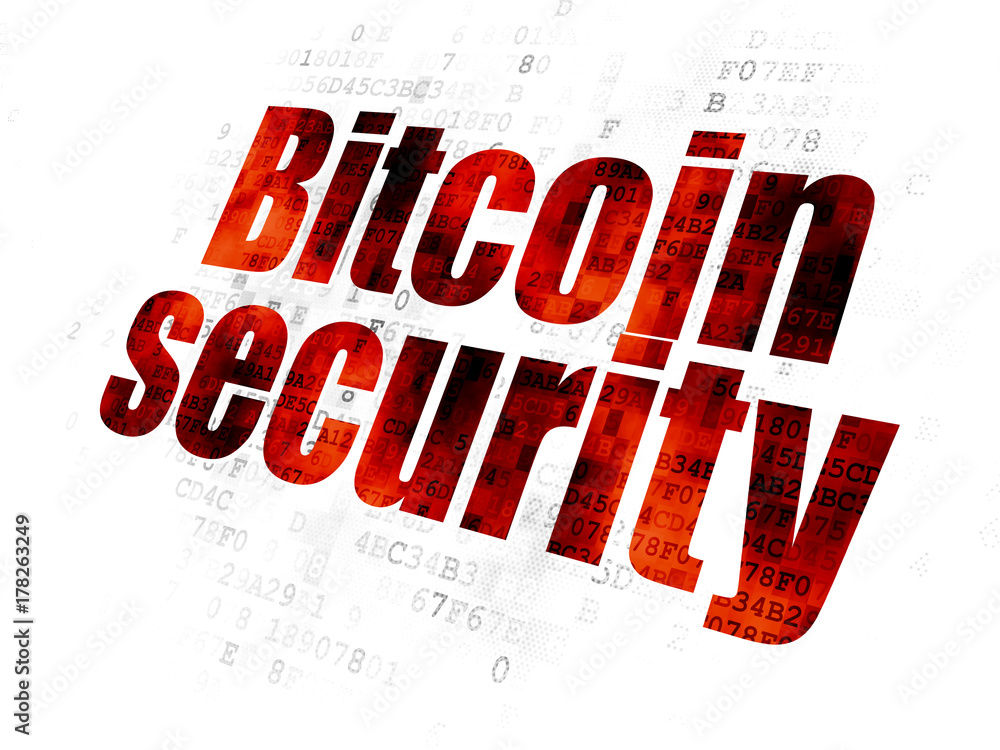 Aufkleber cryptocurrency concept: pixelated red text bitcoin security on digital background
