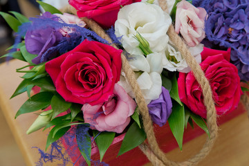 Colorfull roses. Close-up photo of a red, whitw and roses roses bonteque backgrounds. Rose in Valentine's day