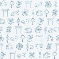 Hand drawn vector travel to asia seamless pattern containing oriental contours: umbrellas, planes, suit cases, coins, lanterns, bonsai and torii gates.
