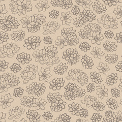 Hand drawn vector lilies contours seamless pattern on beige background. Retro floral design.