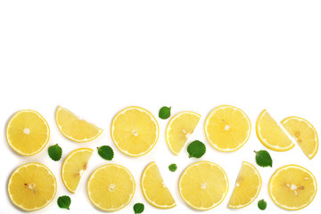Slices lemon with mint leaves isolated on white background with copy space for your text. Flat lay, top view