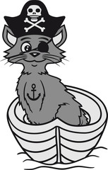 kleines boot pirat hut matrose kapitän räuber seeräuber gauner augenklappe verkleidung meer schiff tattoo anker grau hübsch süß niedlich katze kätzchen winken comic cartoon design haustier
