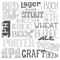Types of beer. Hand drawn lettering for bar, pub, cafe, fest and party. Vintage drawing for pub menu, beer house, brewery poster, label or logo