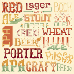 Types of beer. Hand drawn lettering for bar, pub, cafe, fest and party. Vintage drawing for pub menu, beer house, brewery poster, label or logo