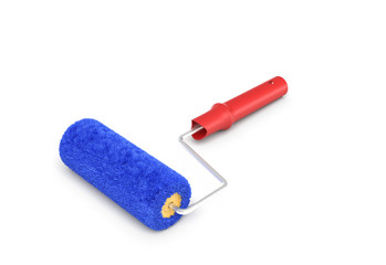 3d rendering of a paint roller in front view with a red handle and a blue fluffy cover.