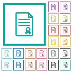 Certificate document flat color icons with quadrant frames