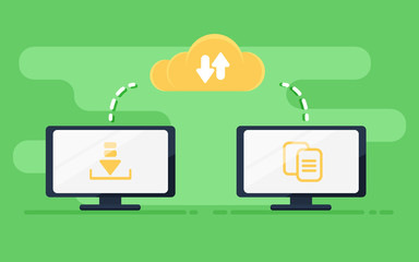 File transfer. Two computers transferred documents. Copy files, data exchange, backup, PC migration, file sharing concepts. Flat design graphic elements. Illustration