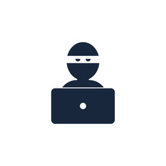 Hacker Icon. The thief site in front of the computer. Hacker in the mask. Flat icon