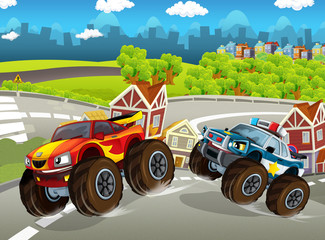 cartoon scene with urban vehicle - monster trucks - police and sports car - illustration for children