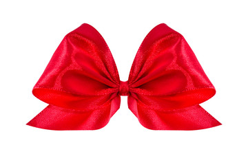 Red satin gift bow. Ribbon. Isolated on white.