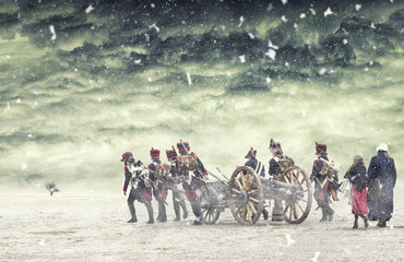 Napoleon soldiers marching in falling snow. The Battle of the Three Emperors. The Battle of...