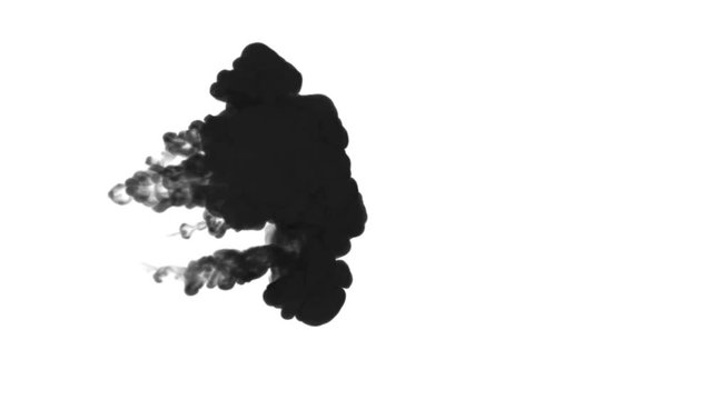 A lot of flows, black clouds or smoke, ink inject is isolated on white in slow motion. Black gouache clouds in water. Inky background or smoke backdrop, for ink effects use luma matte like alpha mask
