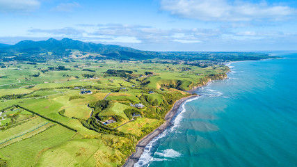 Aerial view on the coast of Tasman sea near New Plymouth at sunny day. Taranaki region, New Zealand.