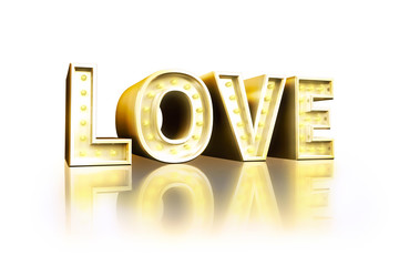 Marquee light love gold letter sign, Isolated on white background.Render 3D