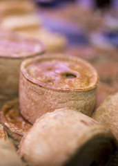 Quality and finest short crust pork pies on display on a UK market stall or butchers