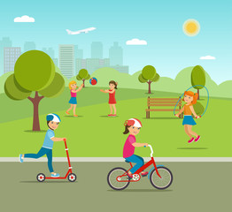 Children playing games and sports in the park. Vector flat illustration.