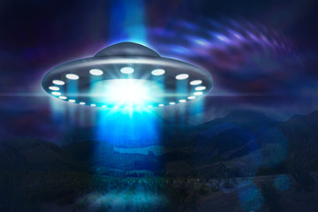 low key image of UFO hovering over a mountains at night 3d illustration