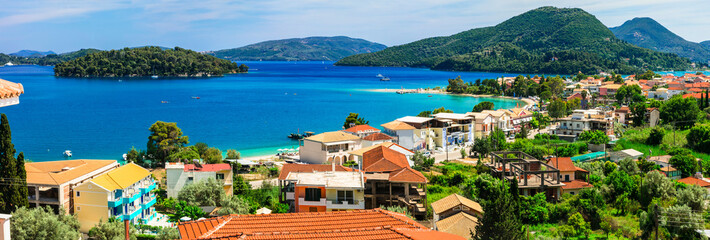 Panoramic view of Nidri bay, beautiful Lefkada island. Greece